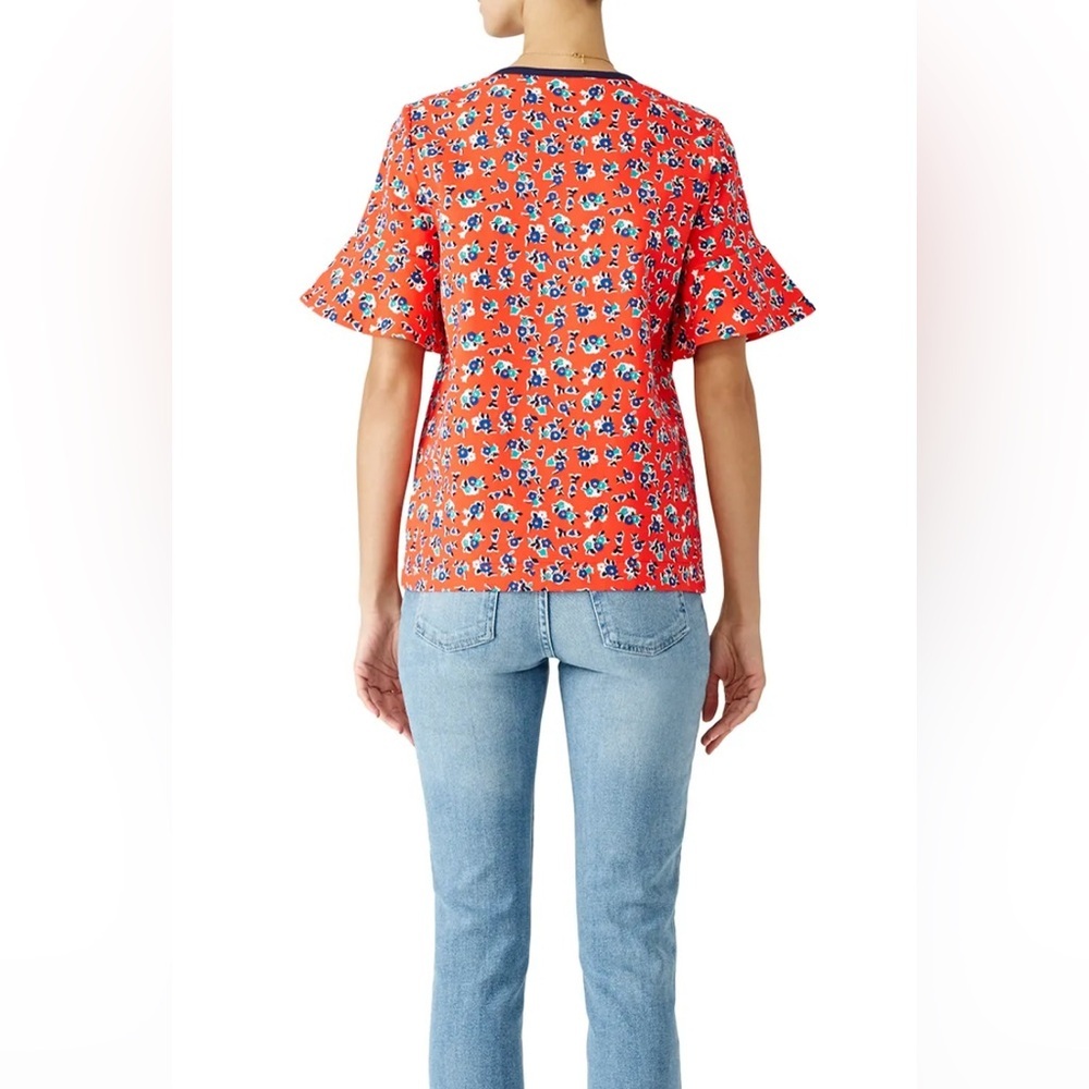 Draper James Coral Floral Ruffle Sleeve Blouse with Navy Trim - Picture 2 of 9
